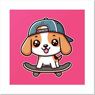 Kawaii Beagle Puppy On Skateboard Cute Skater Dog Lover Posters and Art